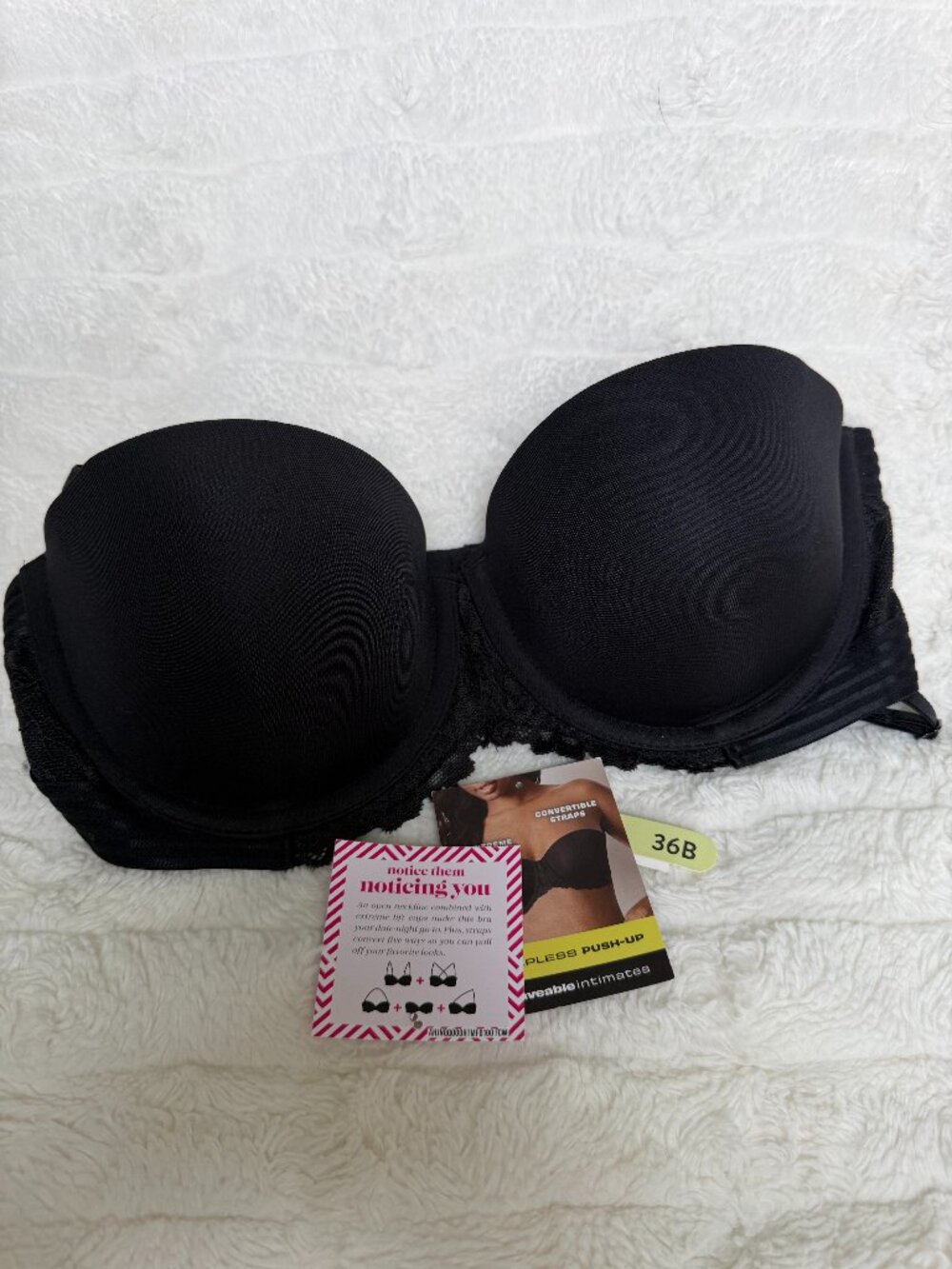 Maidenform 36B Black Strapless Push-Up Bra Convertible Lace Trim
